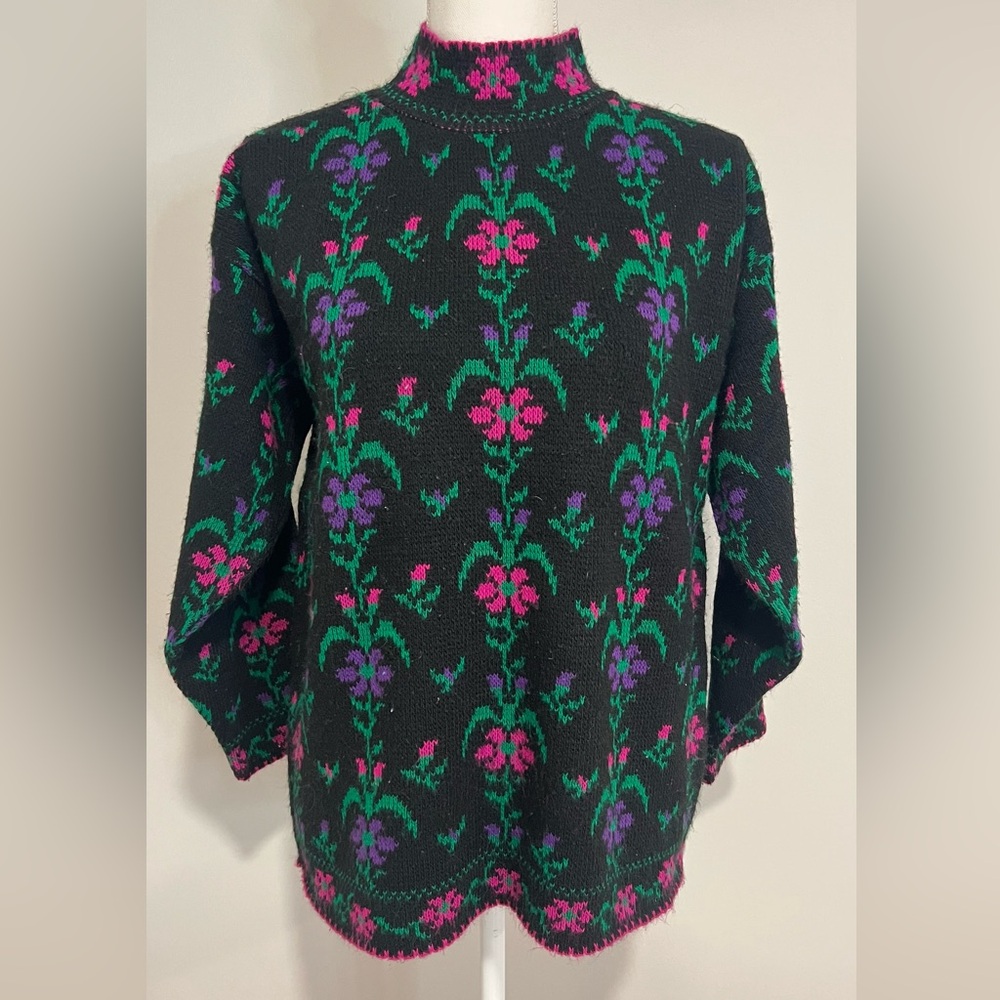 Vintage 80s Justin Allen Floral Mock Neck Knit Sweater